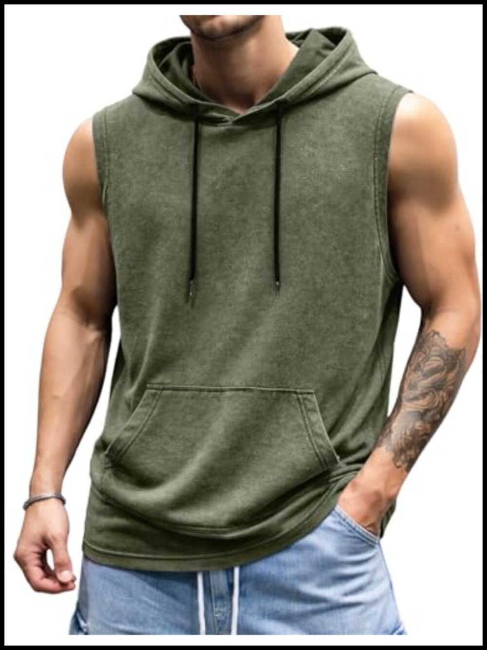 Men's Cotton Sleeveless Hooded Tank Top with Kangaroo Pocket